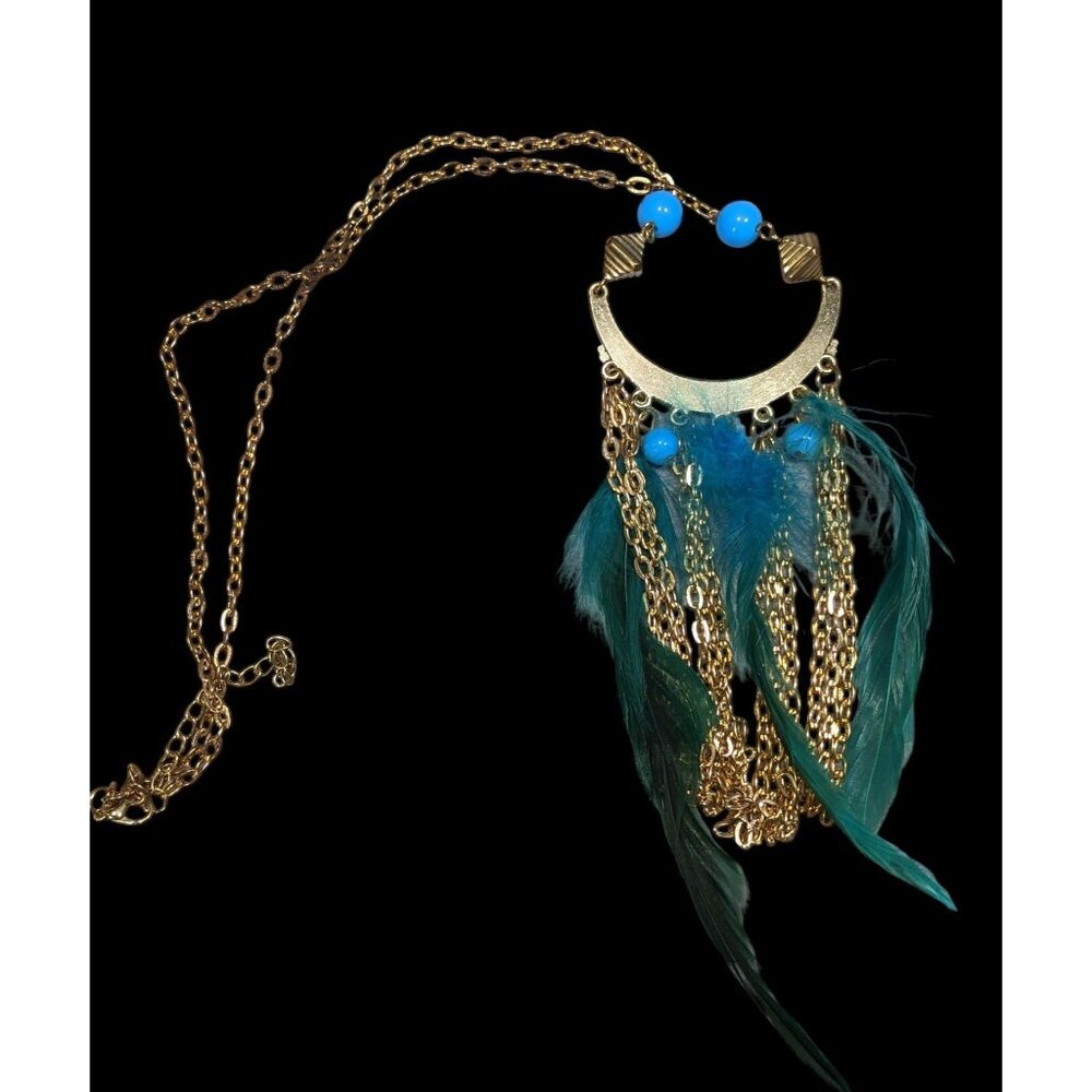 Bohemian Festival Gold Tone Blue Feather Fringe Pendant Necklace